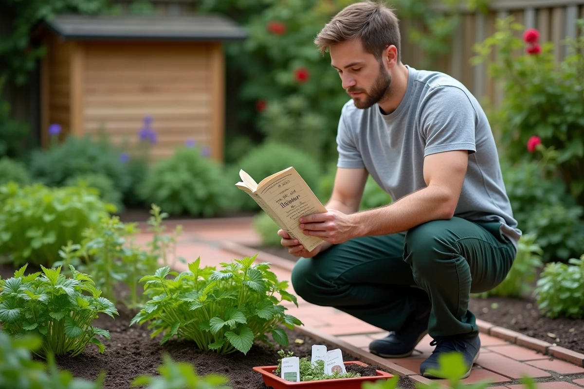Jeune jardinier consultant un guide de semis de persil agenouillé dans son potager extérieur