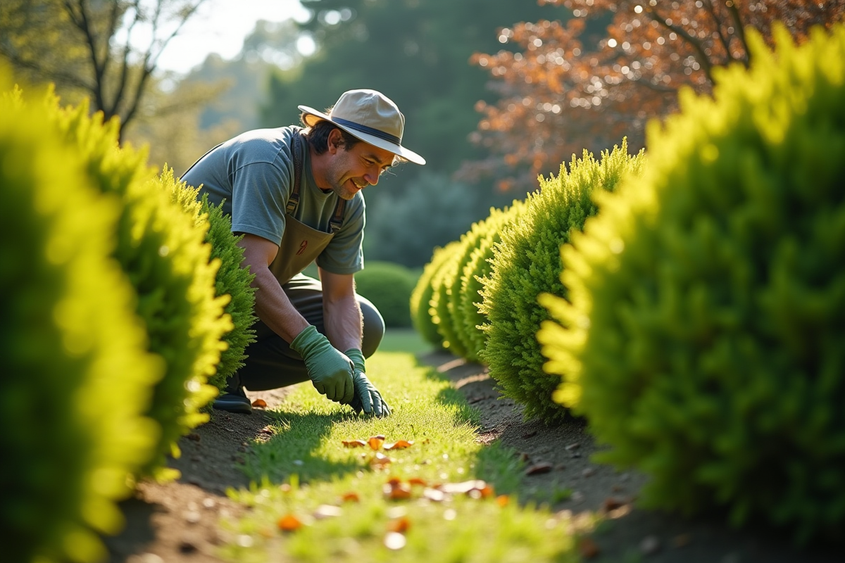 Jardinier examinant des arbustes japonais sains et malades en extérieur
