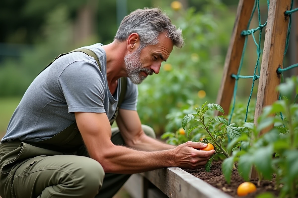 Jardinier inspectant des feuilles de tomates jaunes dans un potager surélevé en bois