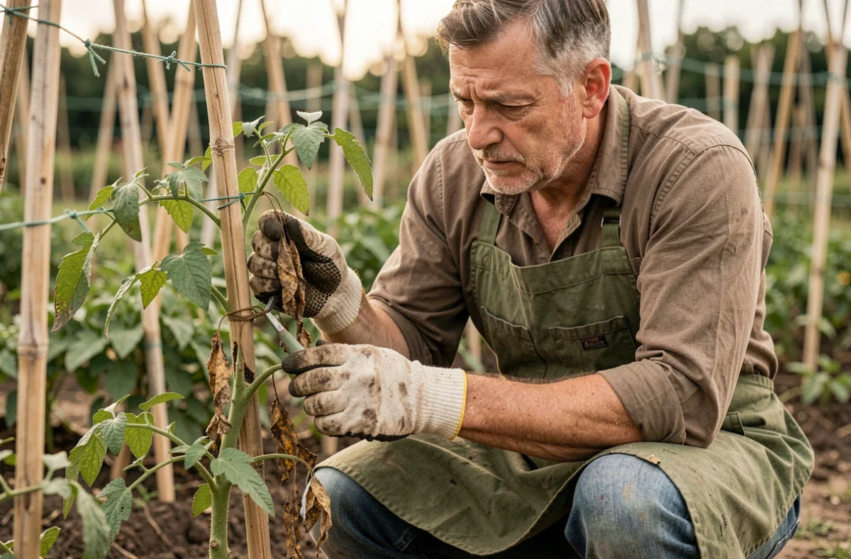 Jardinier d'âge moyen inspectant une tige de tomate atteinte de fusariose dans un potager avec des tuteurs en arrière-plan