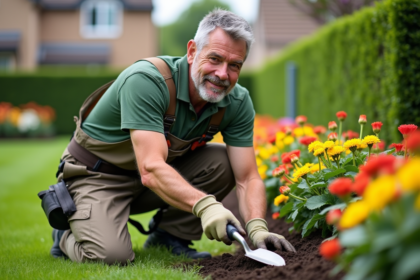 Homme paysagiste en action dans un jardin coloré