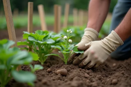 Mains d'un jardinier expérimenté inspectant un plant de pomme de terre en fleurs avant la récolte