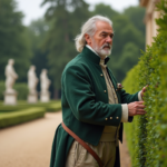 Homme en uniforme de jardinier royal du 17e siècle en train de tailler un buisson