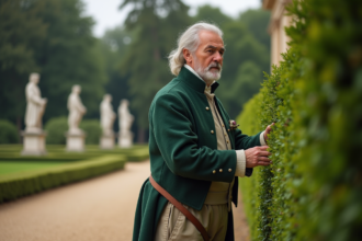 Homme en uniforme de jardinier royal du 17e siècle en train de tailler un buisson
