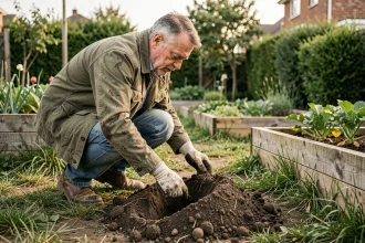 Jardinier inspecte une taupinière dans son potager pour trouver une solution écologique contre les taupes