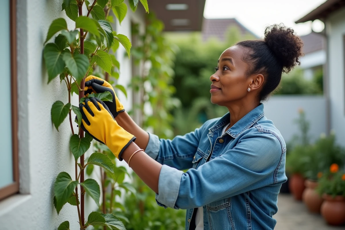 Femme inspectant une christophine cultivée sur une pergola exposée au sud dans un jardin potager antillais
