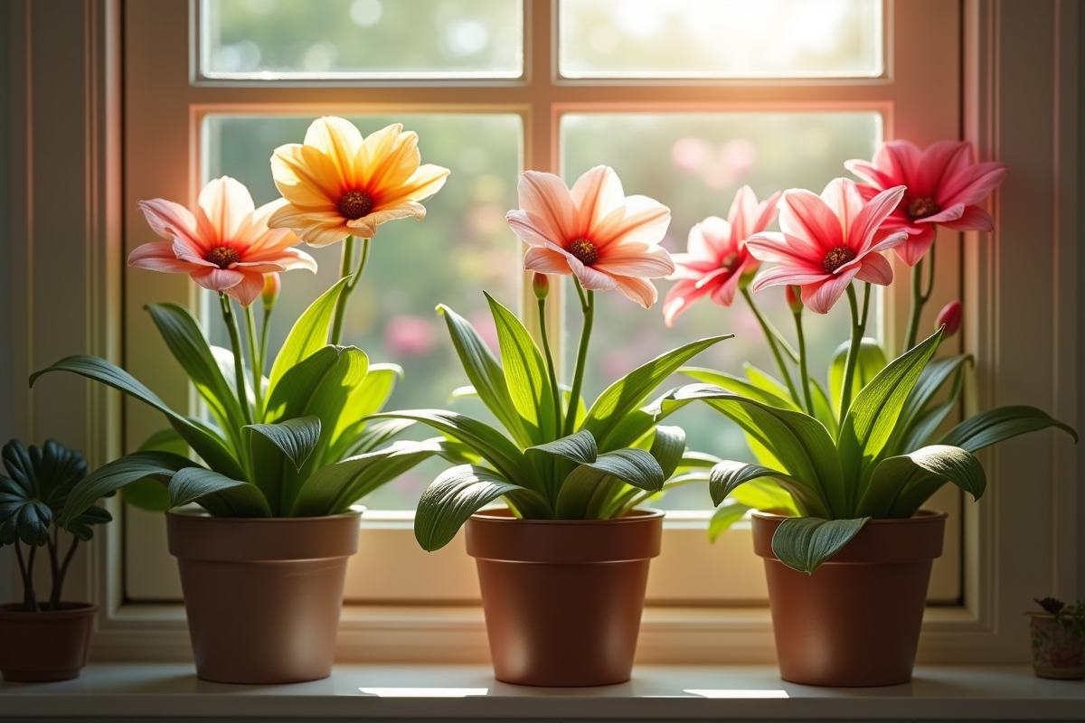 Vase de fleurs en pot sur une fenêtre ensoleillée