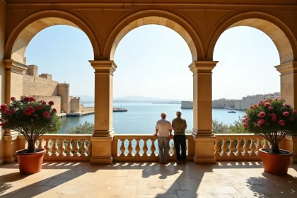 Vue panoramique des jardins de Barrakka supérieure à La Valette avec le Grand Port de Malte en arrière-plan et la loggia néoclassique en pierre calcaire