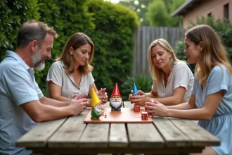 Groupe d'adultes jouant à un jeu de nain de jardin stratégique autour d'une table en bois dans un jardin verdoyant en été