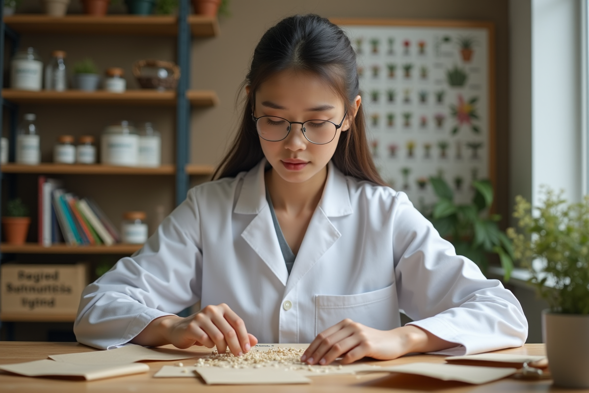 Jeune botaniste analysant des graines hybrides en laboratoire