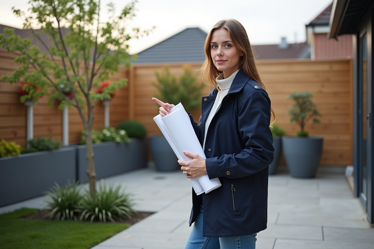 Jeune femme paysagiste avec plan de jardin en main