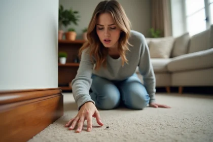 Jeune femme inspectant un insecte dans le salon