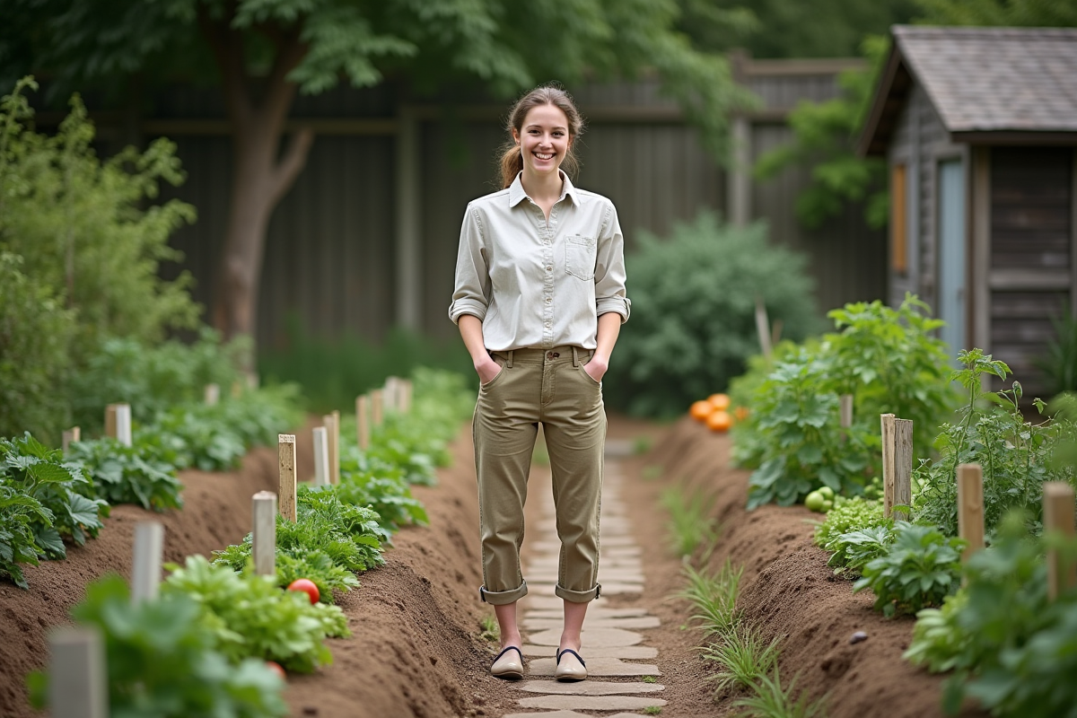 Jeune femme dans un petit jardin potager avec légumes
