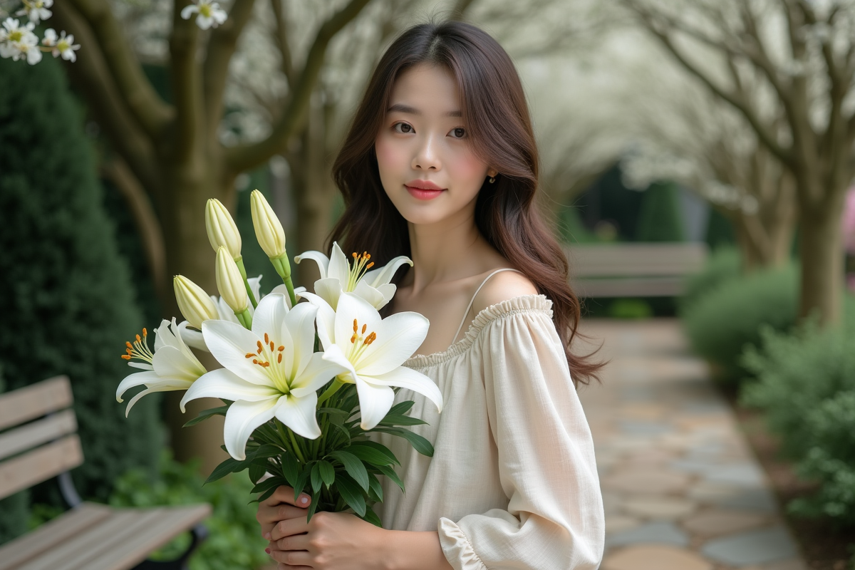 Jeune femme en robe linen tenant un bouquet de lys et pivoines