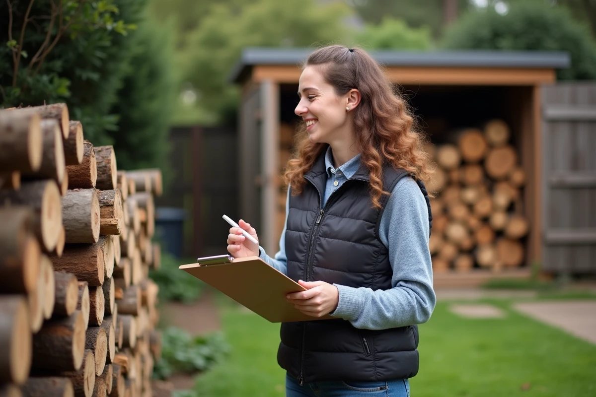 Jeune femme contrôle des bûches dans un jardin