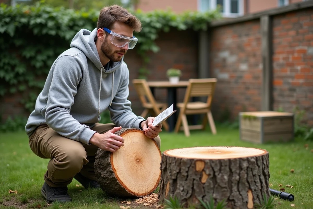 Jeune homme agenouillé dans un jardin urbain examinant une coupe de branche fraîche avec une scie à main et un guide d'élagage