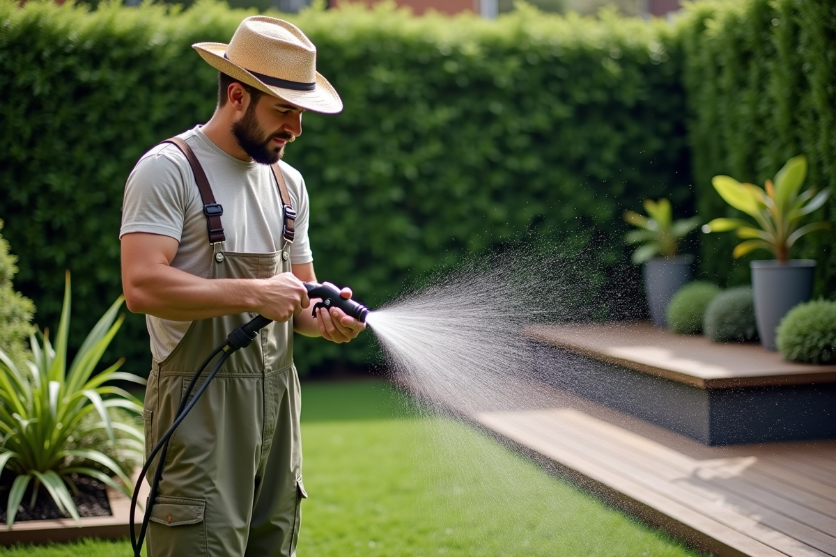 Jeune homme en tenue de jardinage arrosant des plantes dans le jardin