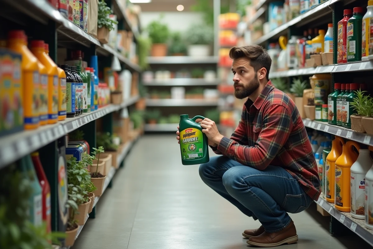 Jeune homme en jeans et chemise à carreaux choisissant un insecticide en magasin