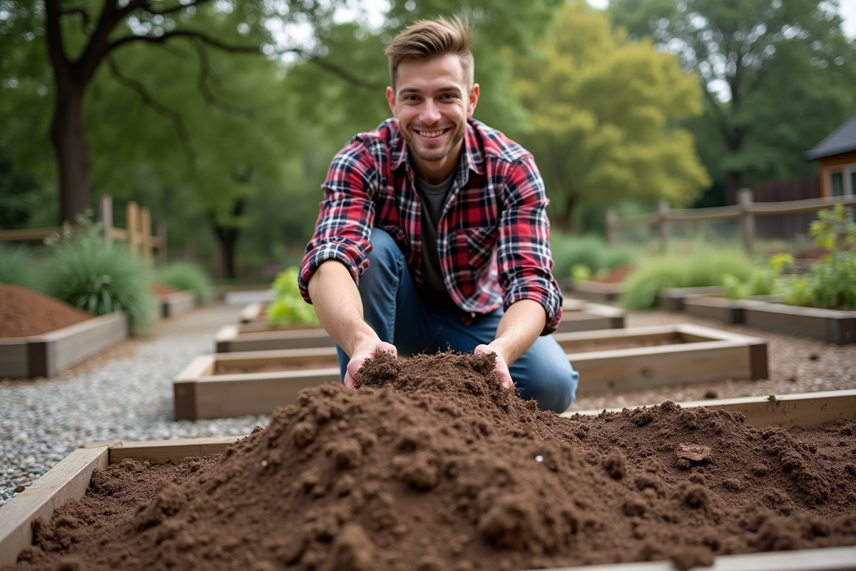 Jeune homme étalant du paillis dans un jardin communautaire