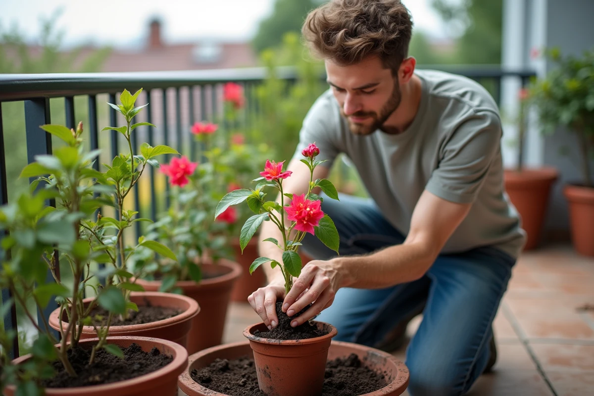 Jeune homme plantant bougainvillée sur balcon ensoleillé
