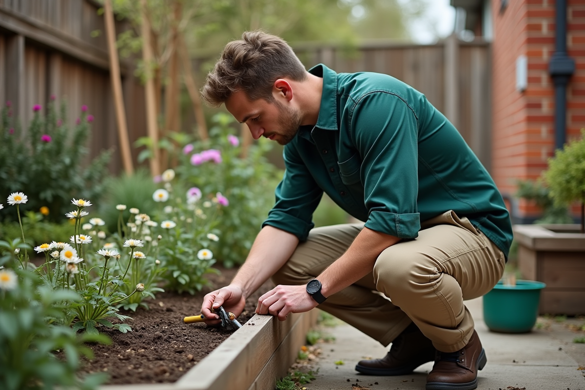 Jeune homme taillant des branches dans un jardin urbain