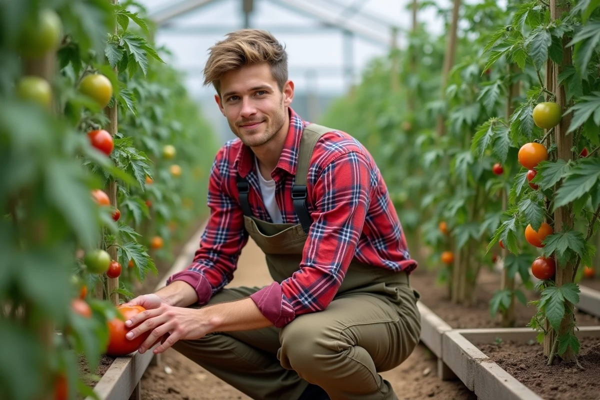Jeune homme vérifiant la distance entre les plants de tomates en serre