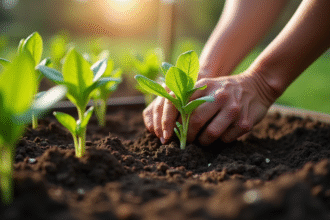 Jardinier plantant de jeunes légumes dans la terre