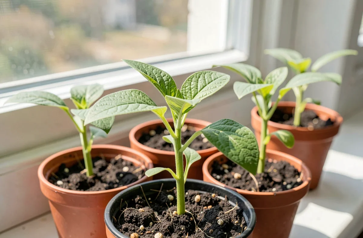 Jeunes plants de potiron en godets sur un rebord de fenêtre lumineux