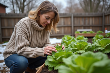Femme récoltant des laitues d'hiver dans un jardin