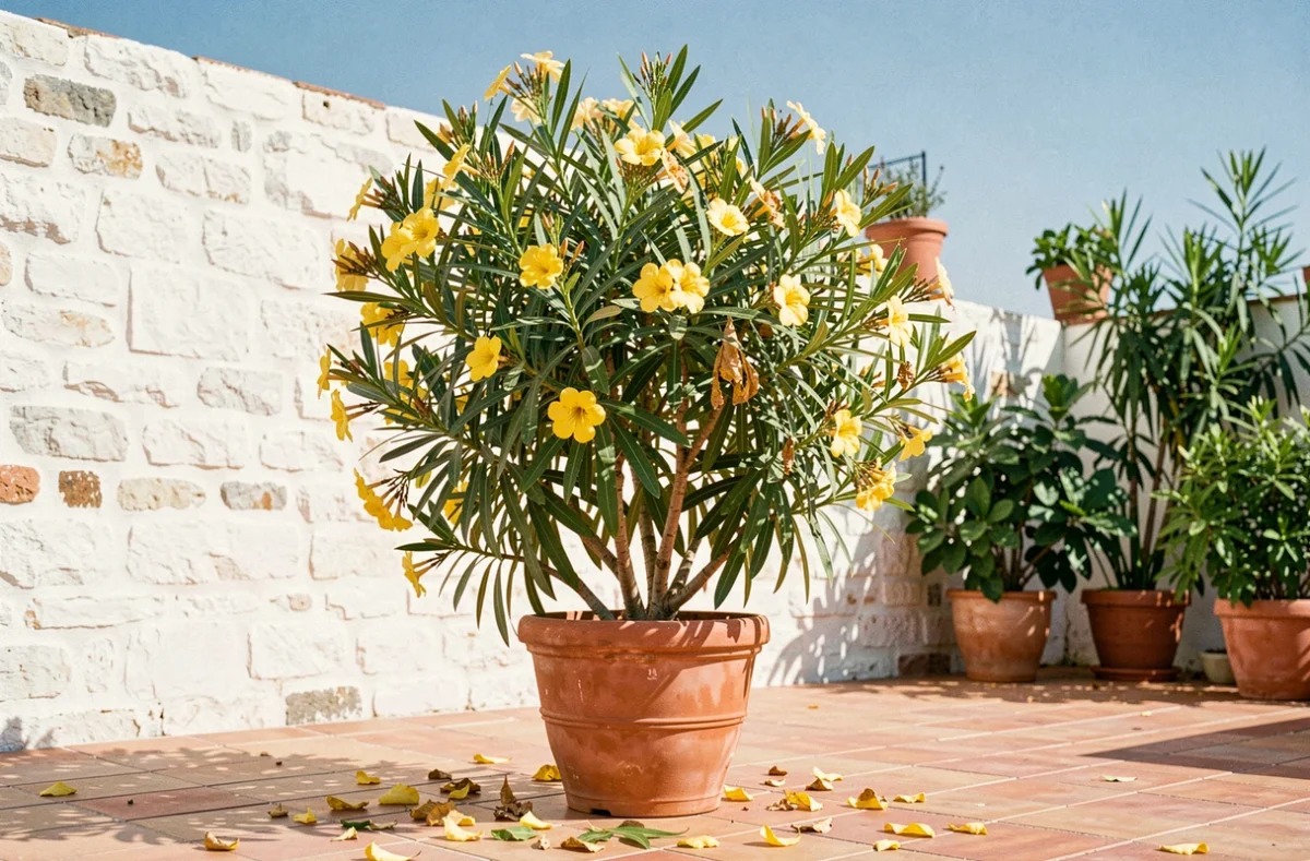 Laurier rose en pot sur une terrasse méditerranéenne avec de nombreuses feuilles jaunes tombantes, signe d'un problème nutritionnel ou racinaire