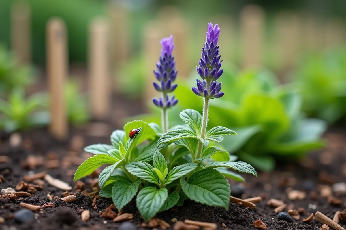 Gros plan sur des plants de lavande et de menthe poussant dans un potager bio comme répulsifs naturels contre les mouches et insectes nuisibles