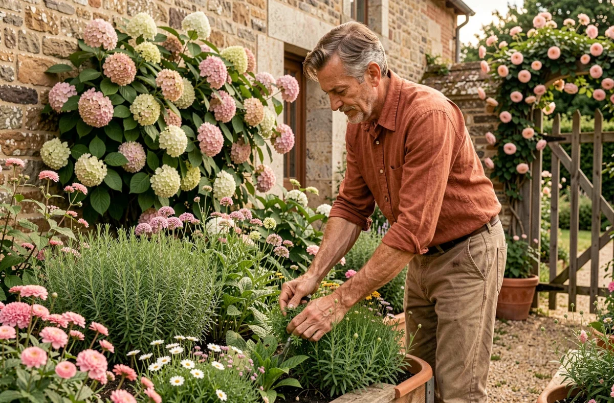 Créateur des Jardins d'Olivier arrangeant des fleurs vivaces dans un jardin champêtre de l'Oise