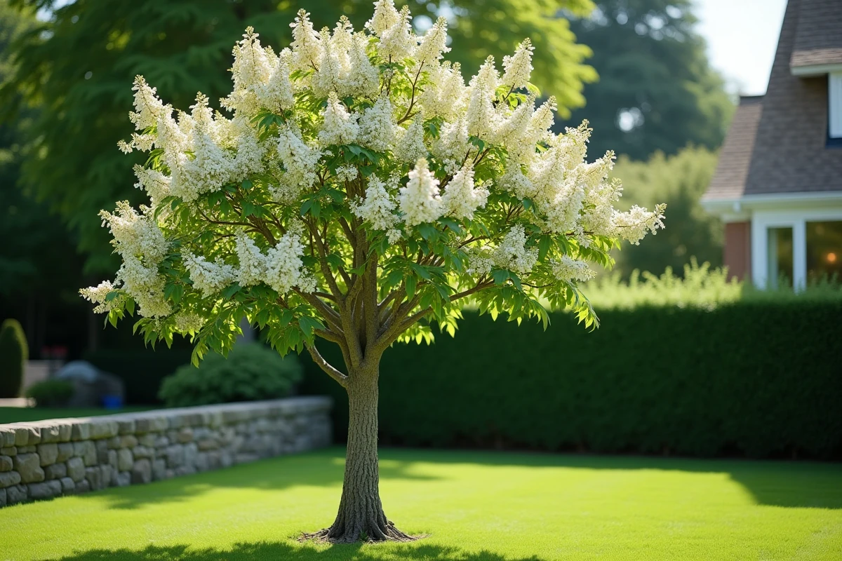 Lilas du Japon adulte après taille dans un jardin résidentiel, montrant la structure des branches et les coupes récentes
