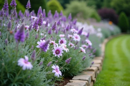 Lisianthus violets et blancs associés à de la lavande et du cinéraire argenté dans une bordure de jardin de style cottage
