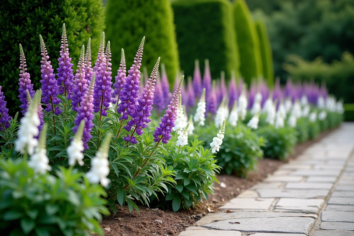 Massif de lisianthus violets associés à des mufliers et des véroniques blanches devant une haie de buis taillée dans un jardin formel