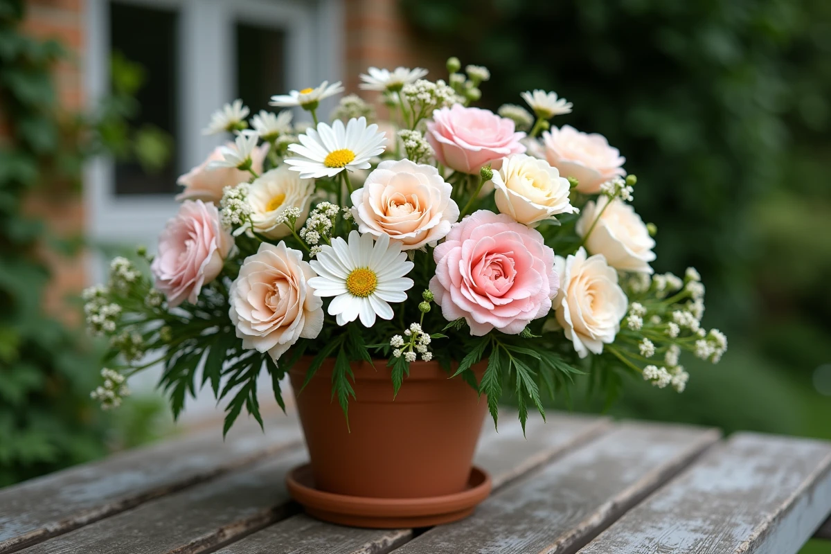 Lisianthus roses et crème associés à des roses de jardin et des cosmos blancs dans un pot en terre cuite rustique