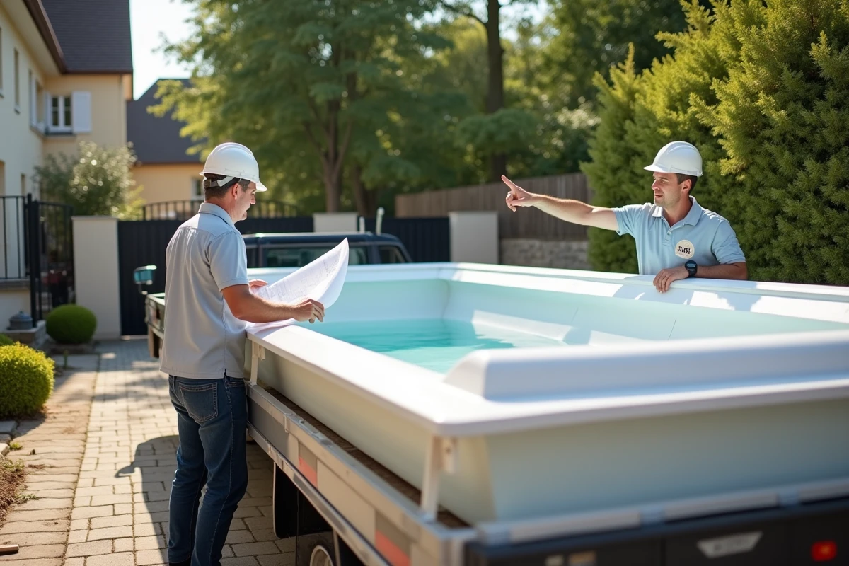 Techniciens livrant une piscine coque en fibre de verre avant installation dans un jardin pavillonnaire