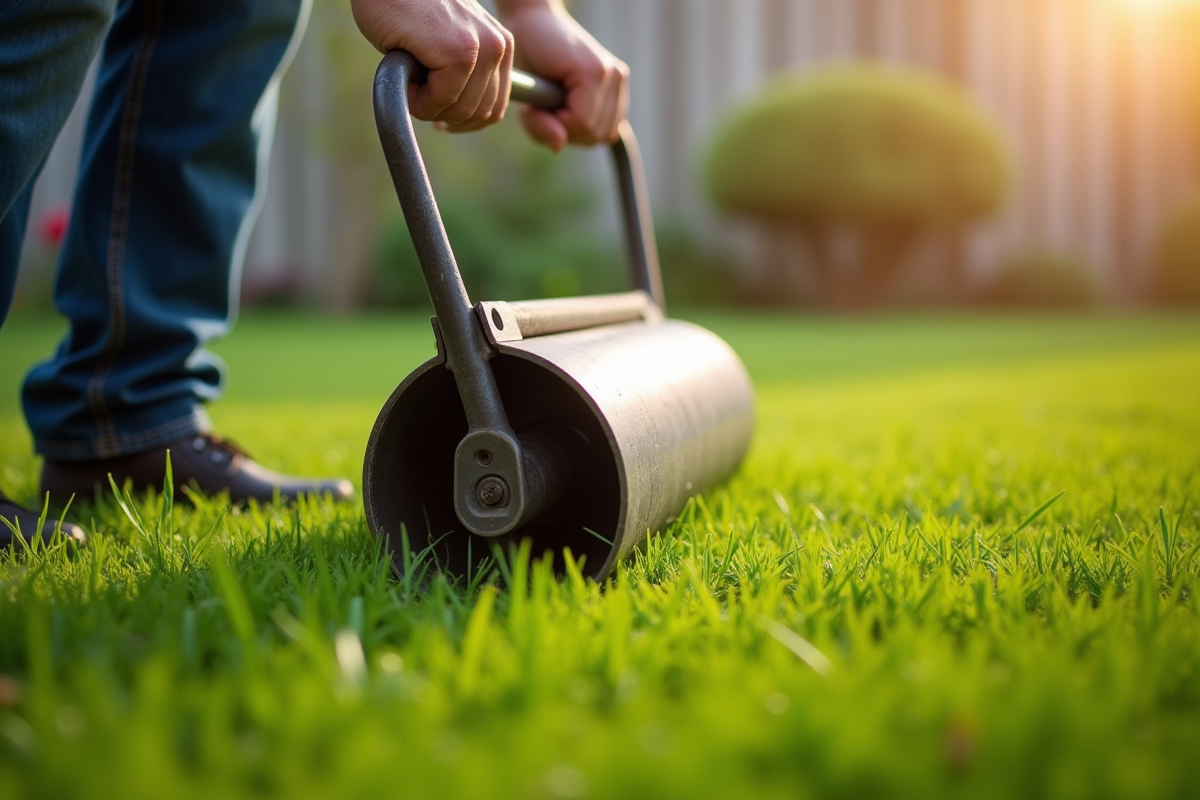 Mains pressant un rouleau de jardin sur la nouvelle pelouse