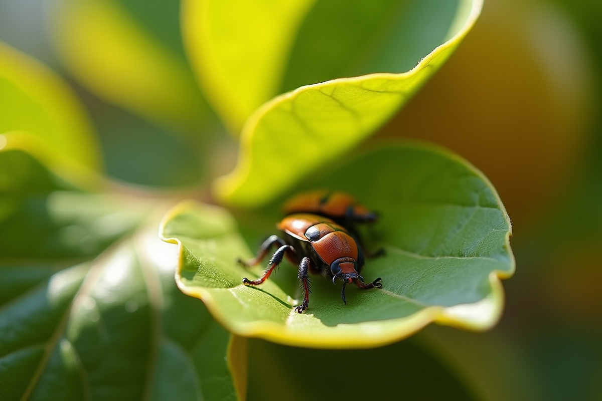 Gros plan sur des mains essuyant des cochenilles sur une feuille de citronnier