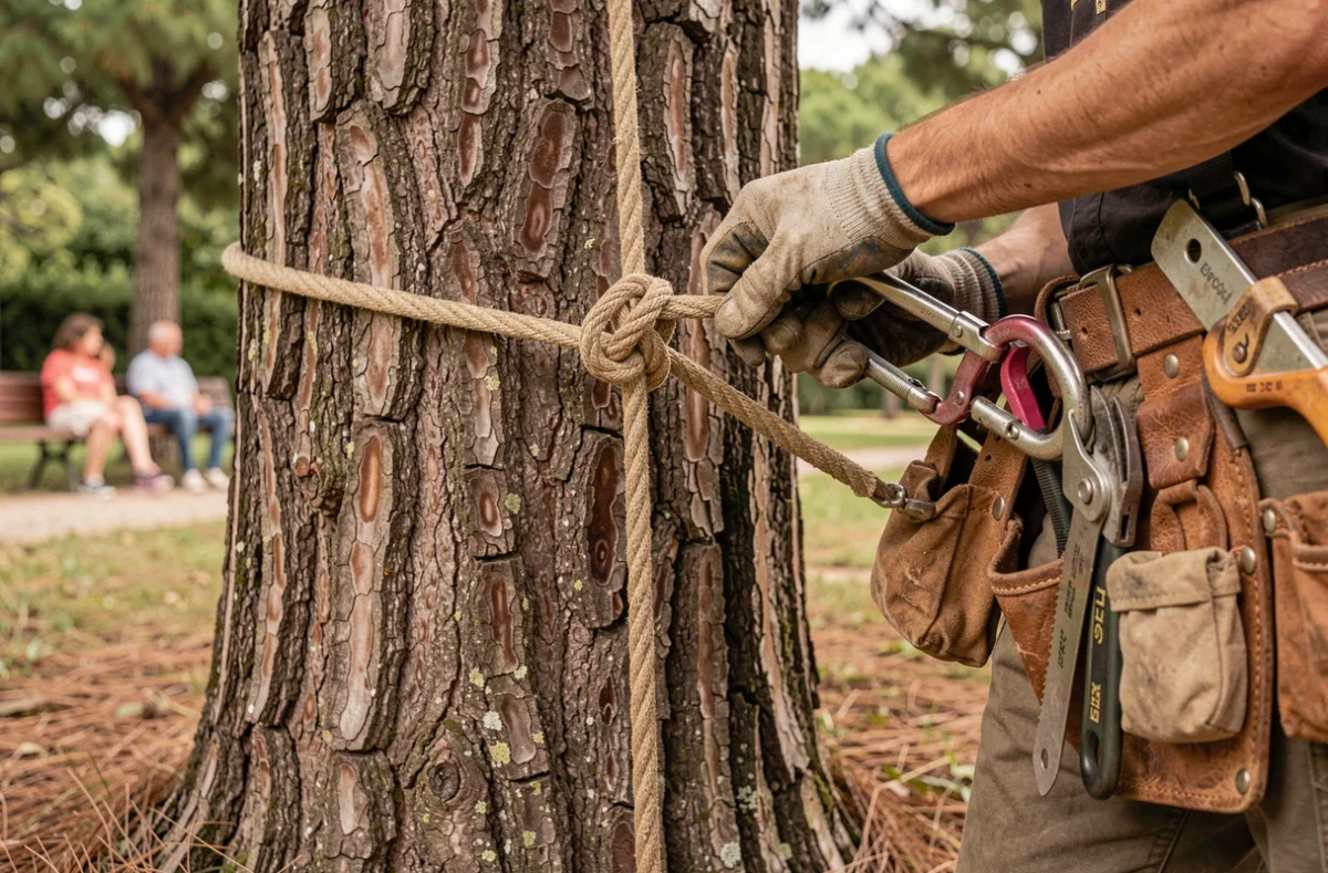 Gros plan sur les mains d'un élagueur préparant son équipement de grimpe et ses nœuds professionnels sur un tronc d'arbre