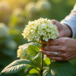 Mains de jardinier cueillant une tige d'hydrangea sain
