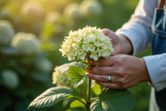 Mains de jardinier cueillant une tige d'hydrangea sain