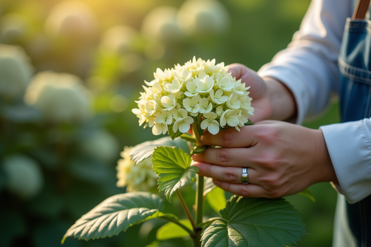Mains de jardinier cueillant une tige d'hydrangea sain