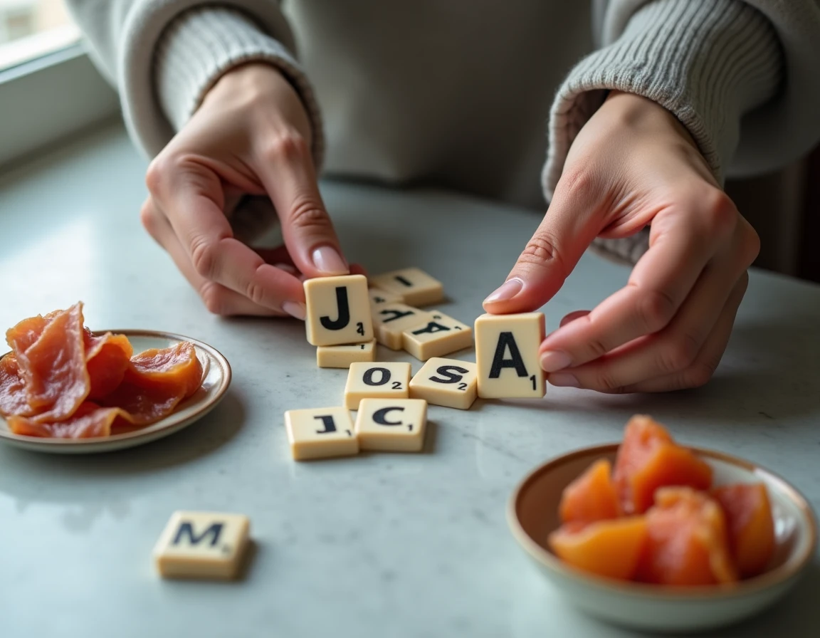 Mains tenant des tuiles de Scrabble avec la lettre J au-dessus d'un plateau de jeu avec des fruits exotiques en J sur une surface en pierre