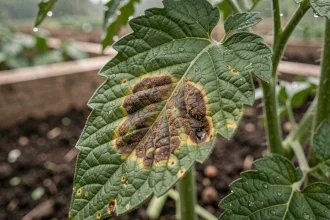 Gros plan sur une feuille de tomate atteinte de mildiou précoce avec des lésions brunes concentriques et un jaunissement du tissu foliaire