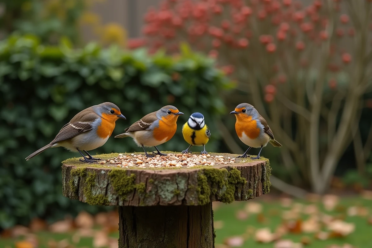 Mangeoire à oiseaux en bois avec des rouges-gorges et une mésange bleue perchés dans un jardin semi-sauvage avec haies de fruits rouges en automne