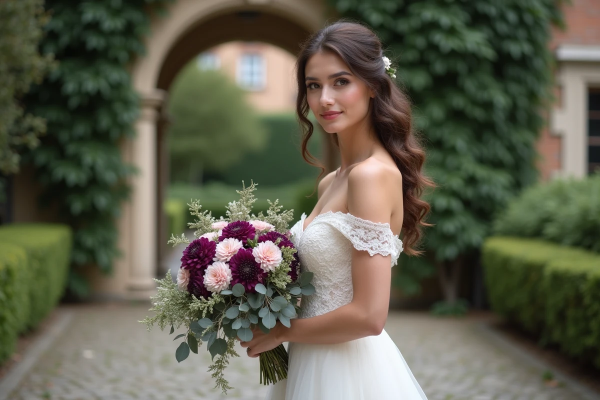 Mariée tenant un bouquet cascade de lisianthus violet et rose pâle dans un jardin de style européen