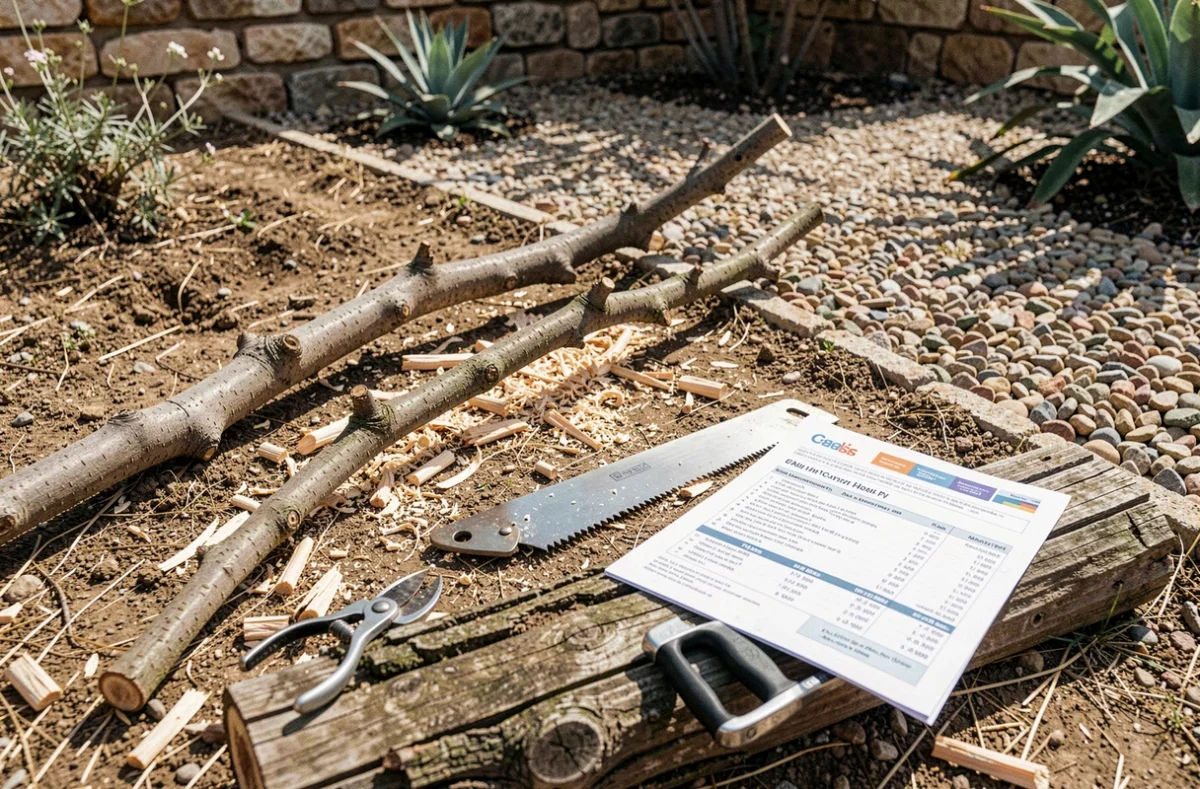 Matériel d'élagage et devis posés sur une bûche dans un jardin de Béziers, symbolisant le budget des travaux