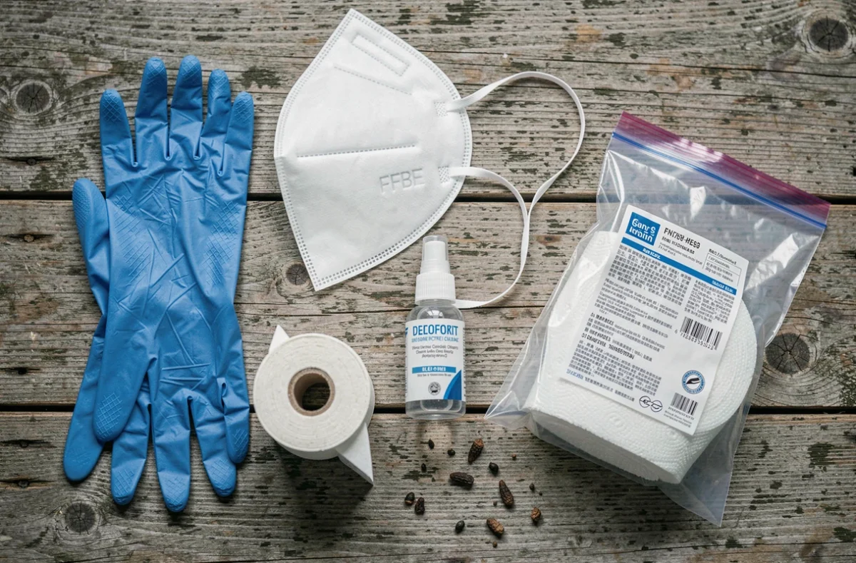 Kit de protection et matériel de nettoyage pour éliminer sans risque les crottes de loir, disposés sur une table en bois rustique