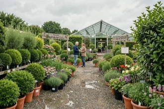 Vue panoramique d'une jardinerie en Pays de la Loire avec allées de plantes en pots et serres en arrière-plan